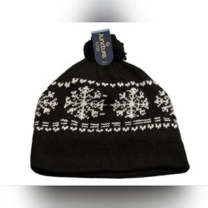 Juncture Black & White Snowflake Pattern Winter Fleece Lined Pom Beanie OS NWT
